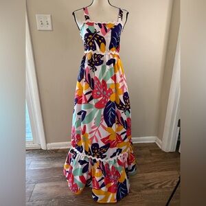 Moon Orchid tropical floral scalloped ribbon maxi dress SZ SM